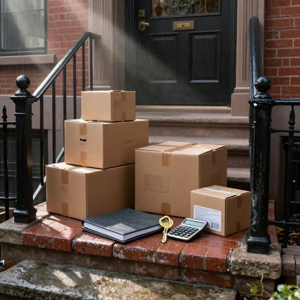 Wet Toronto townhouse entry with boxes, brass keys, binder, calculator and parcel crate.