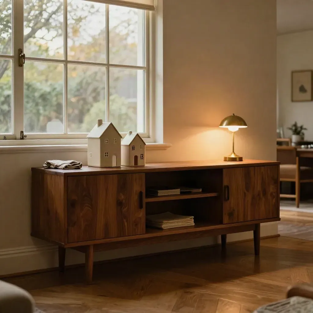 Mid-century living room with renewed windows, ceramic house models, and warm afternoon light
