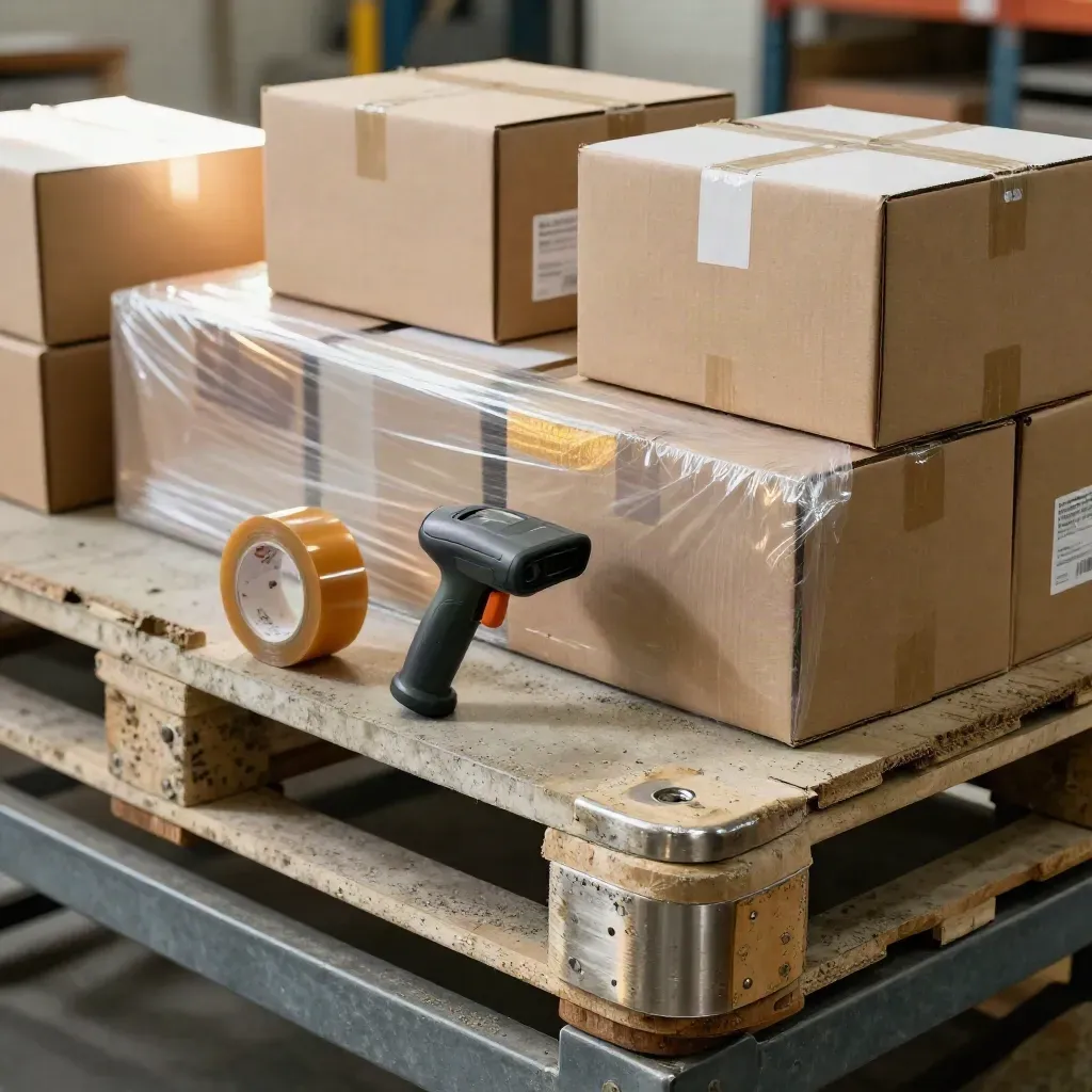 Warehouse cartons, pallet wrap and a handheld scanner in motion on a workbench