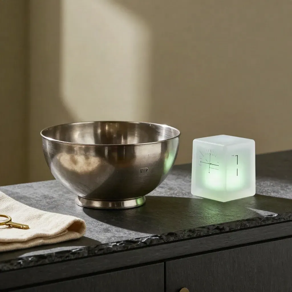House keys, a glass range marker, and a glowing approval cube on a slate ledge.