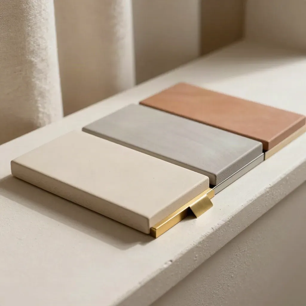 Comparator tiles with brass divider and wedge marker on a warm plaster ledge in soft window light.