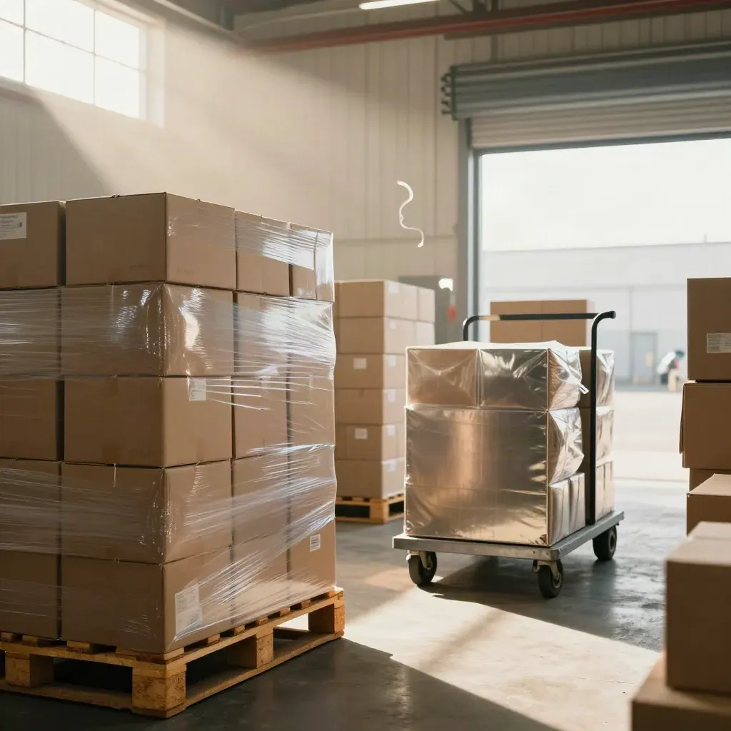 Calgary stockroom packed with inventory cartons, wrapped pallets, and a ready shipping cart in daylight.