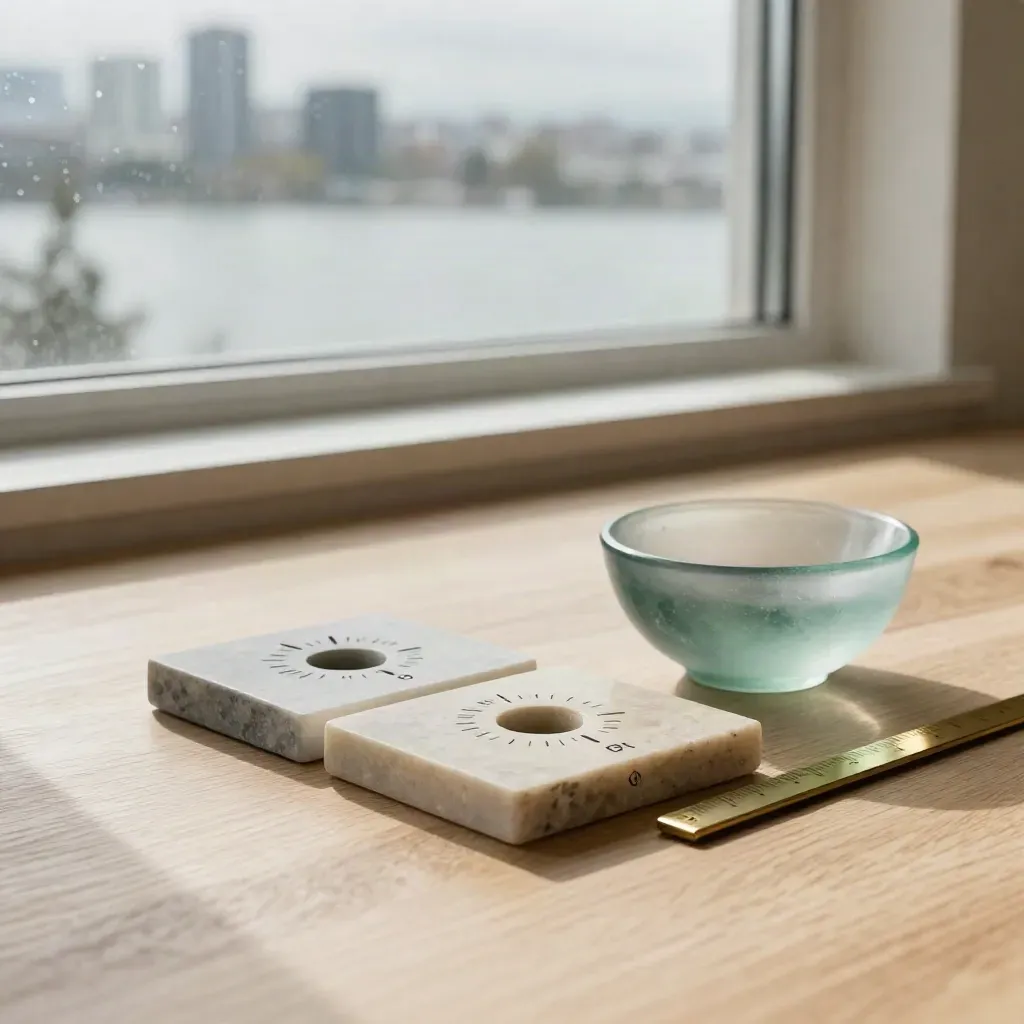 Two rate-comparison tiles and brass rule on a Vancouver apartment table in cool coastal light.