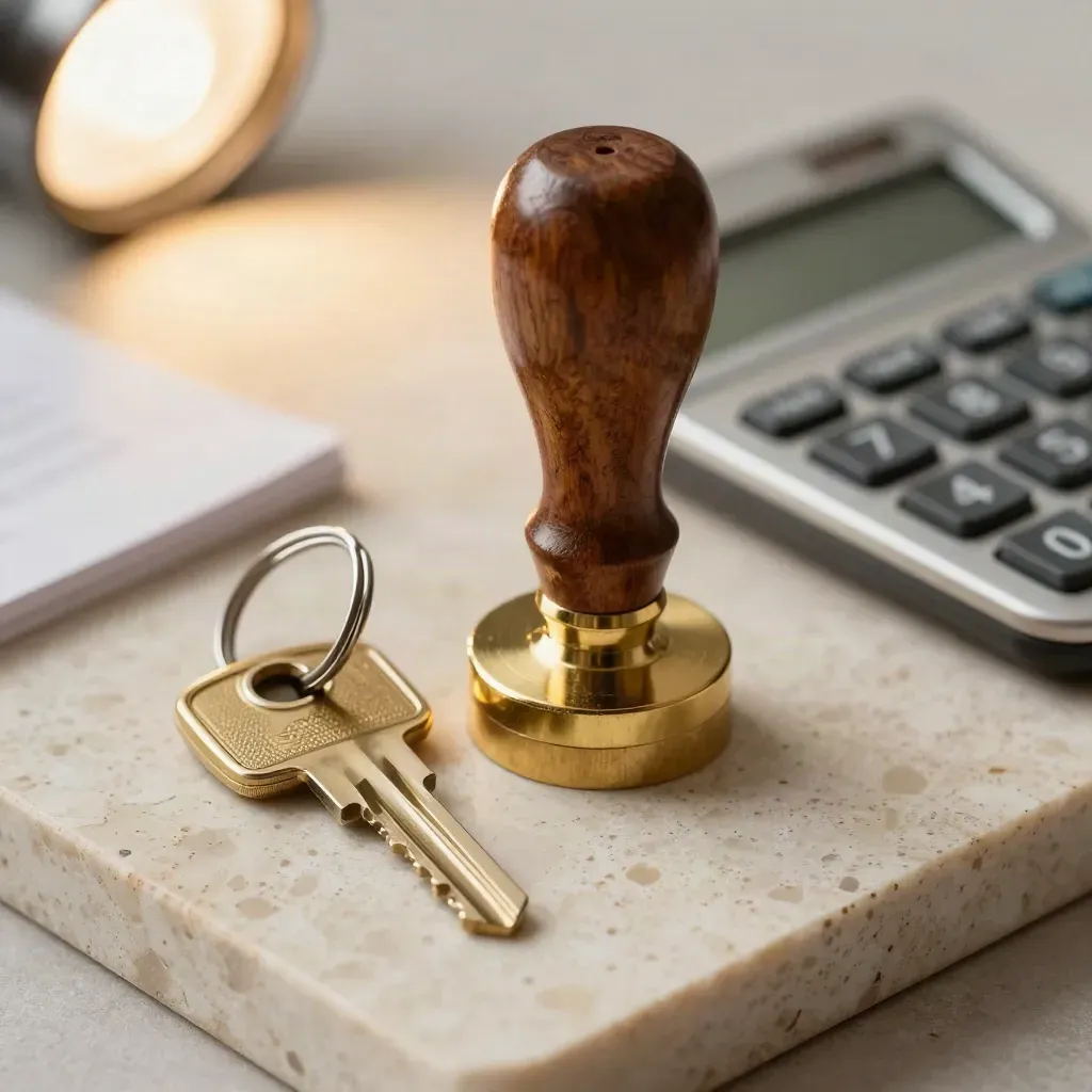 Macro still life of a seal stamp, brass key ring, and calculator on travertine.