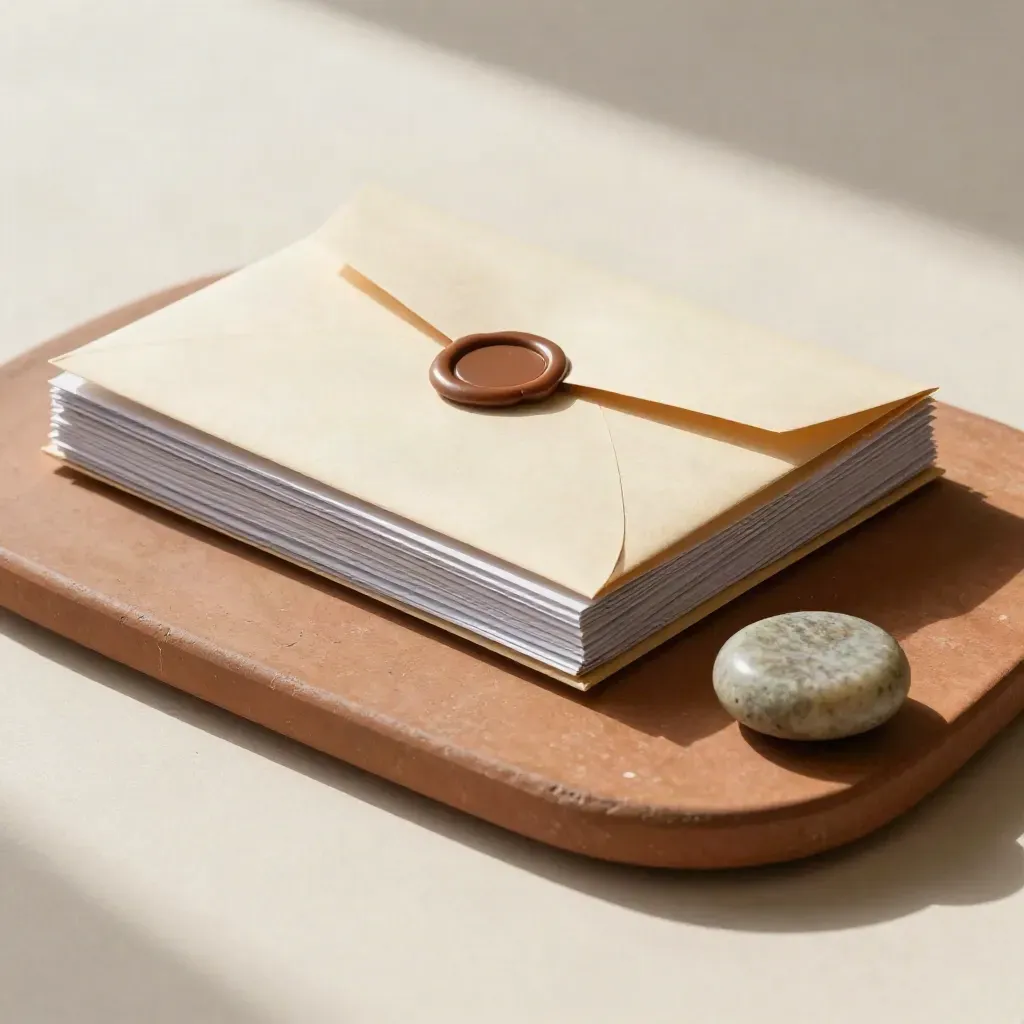 Payoff envelope, clipped loan files and stone paperweight on terracotta clay