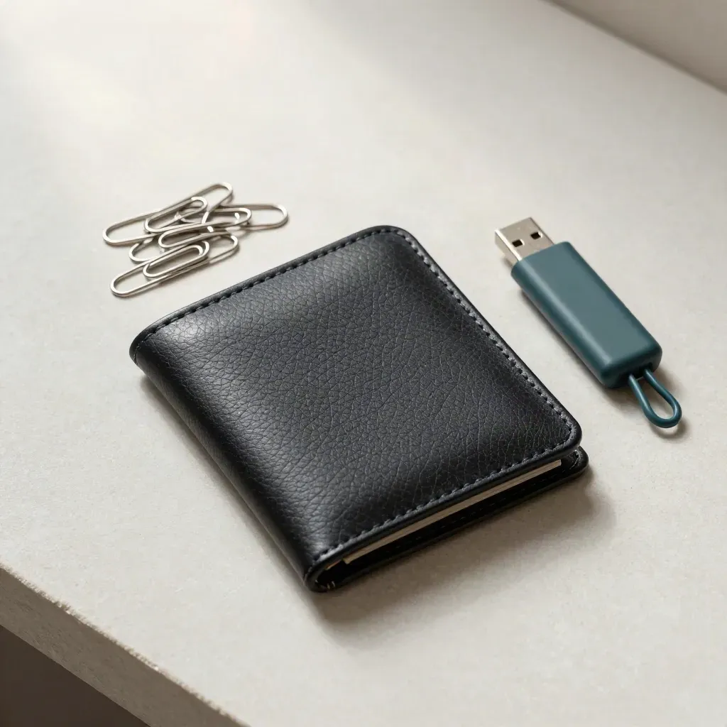 Charcoal document wallet, steel paperclips and USB drive on a soft plaster sweep