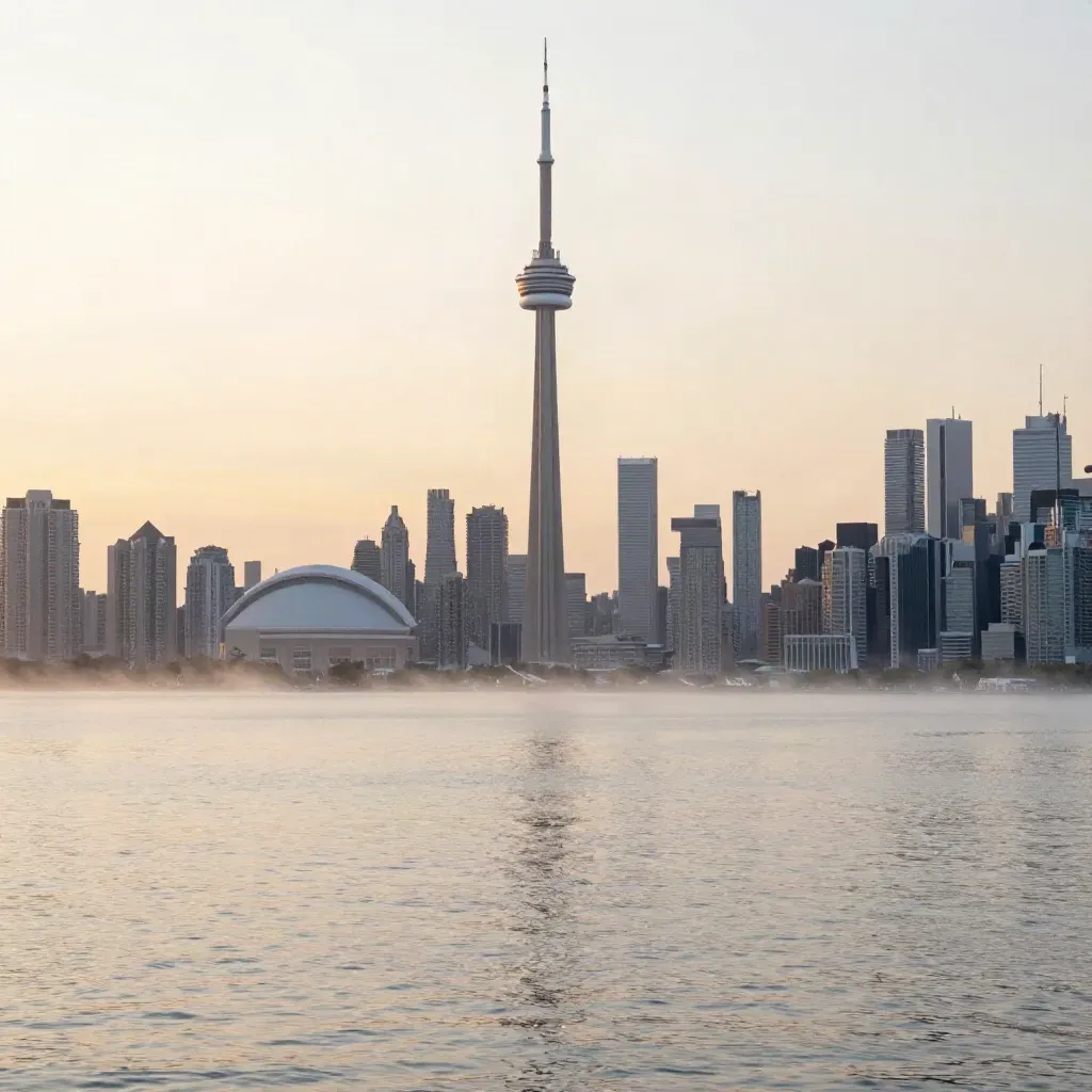 Toronto skyline over Lake Ontario in warm dawn haze with calm open water below