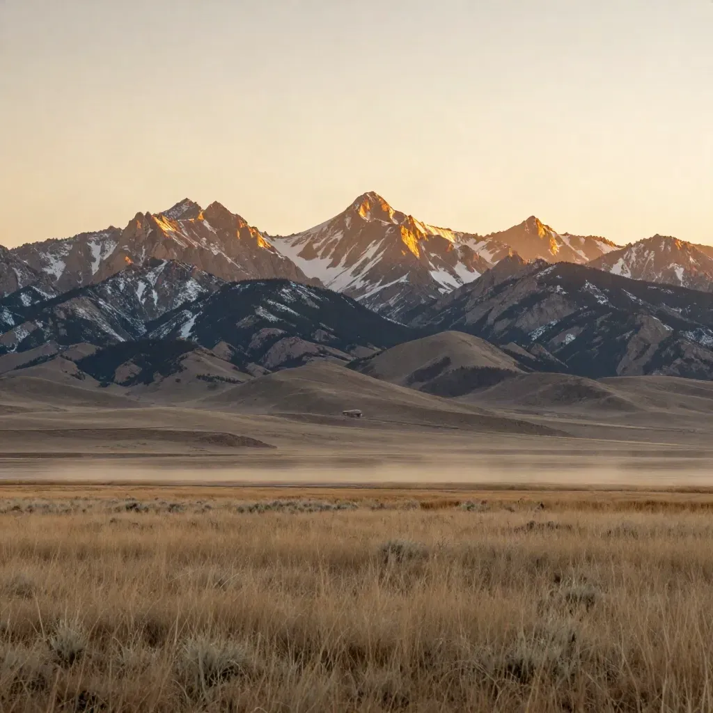Rocky Mountain front glowing above quiet Alberta prairie at amber sunset